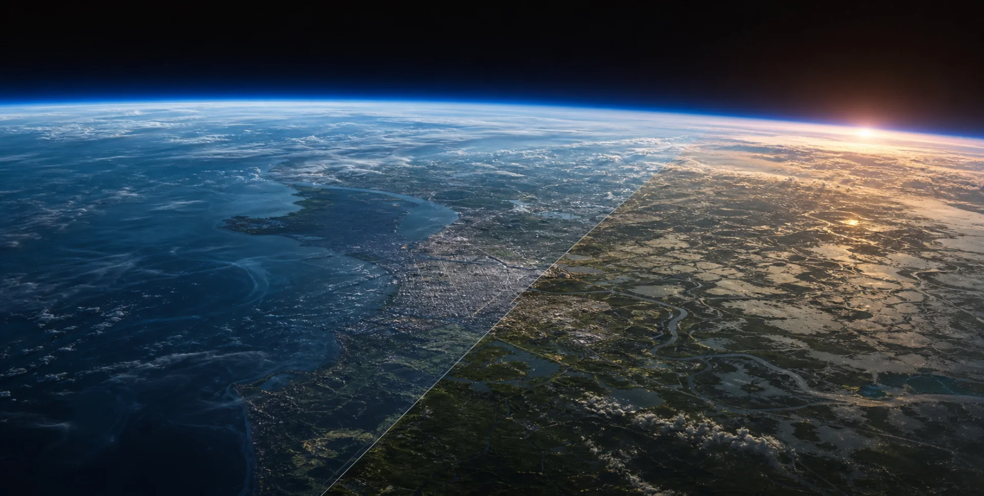 Earth from orbit transitioning into a detailed coastal city landscape